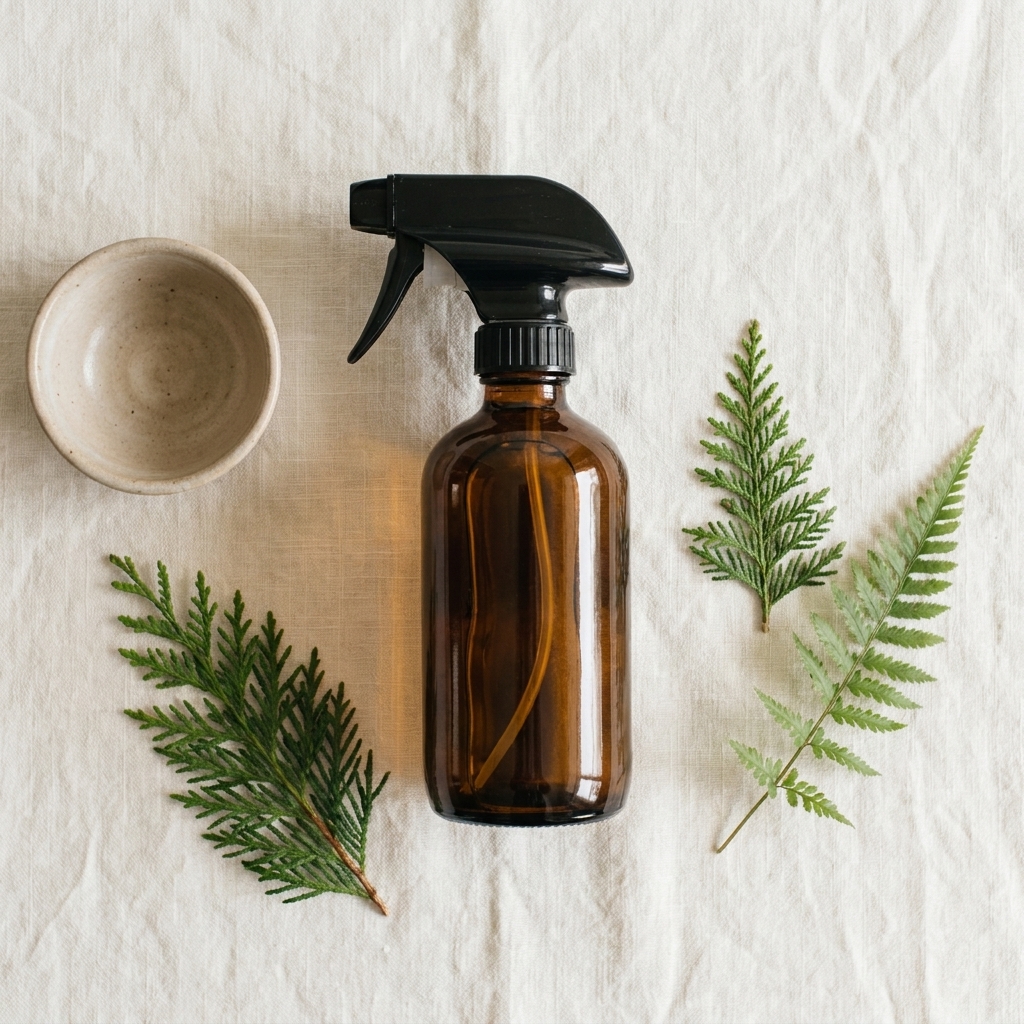 Overhead flatlay of an amber hydrosol bottle with foraged cedar and fern sprigs on cream linen