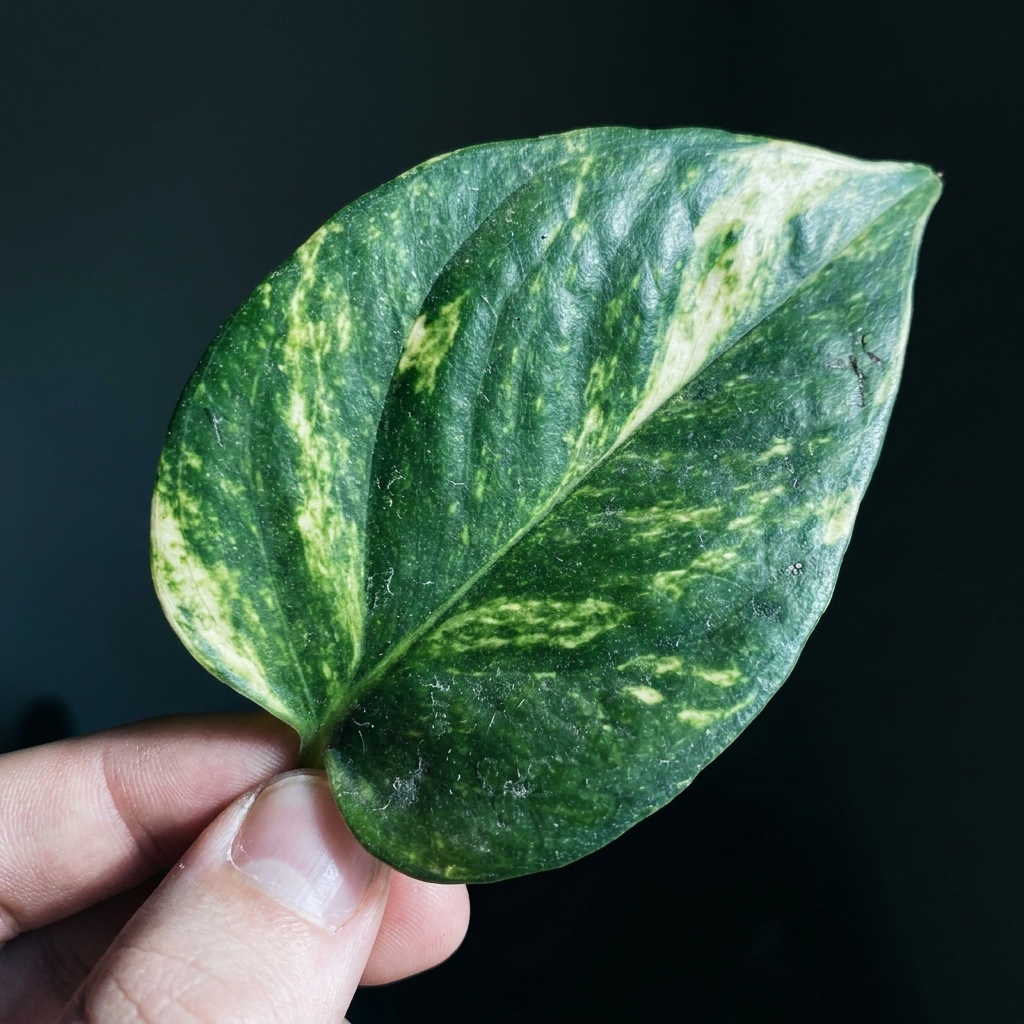 Macro detail of a Marble Queen pothos leaf showing cream-and-green variegation