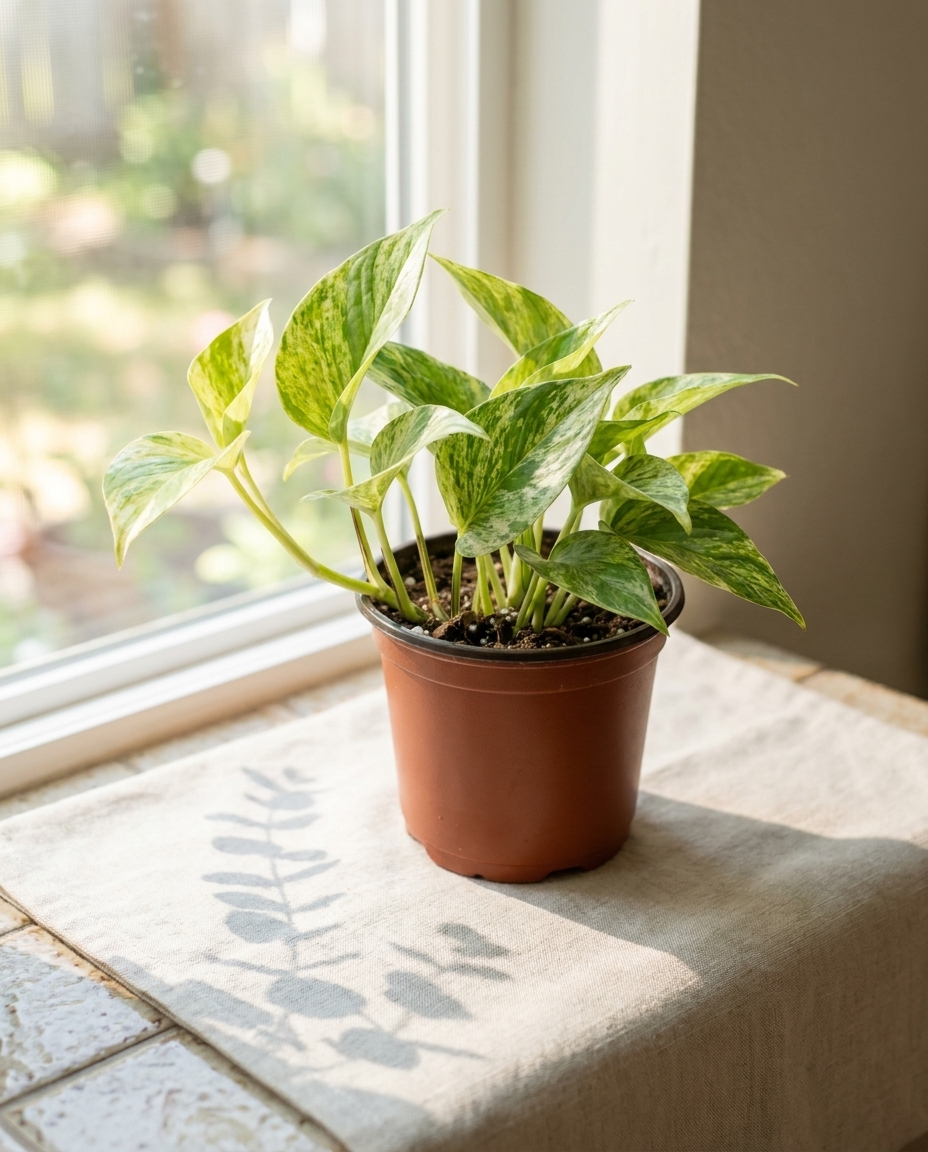 Marble Queen Pothos in a terracotta pot on a ceramic ledge, soft morning light
