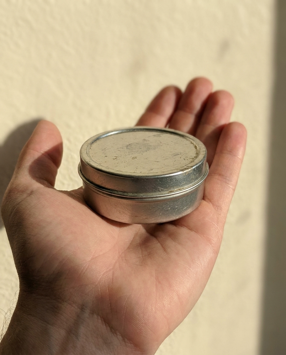 Small amber salve tin held loosely in a hand against a sunlit cream backdrop